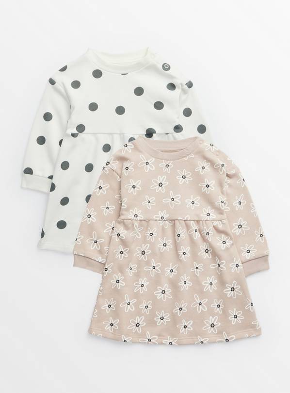 Beige Floral & White Spot Print Sweatshirt Dress 2 Pack Up to 3 mths